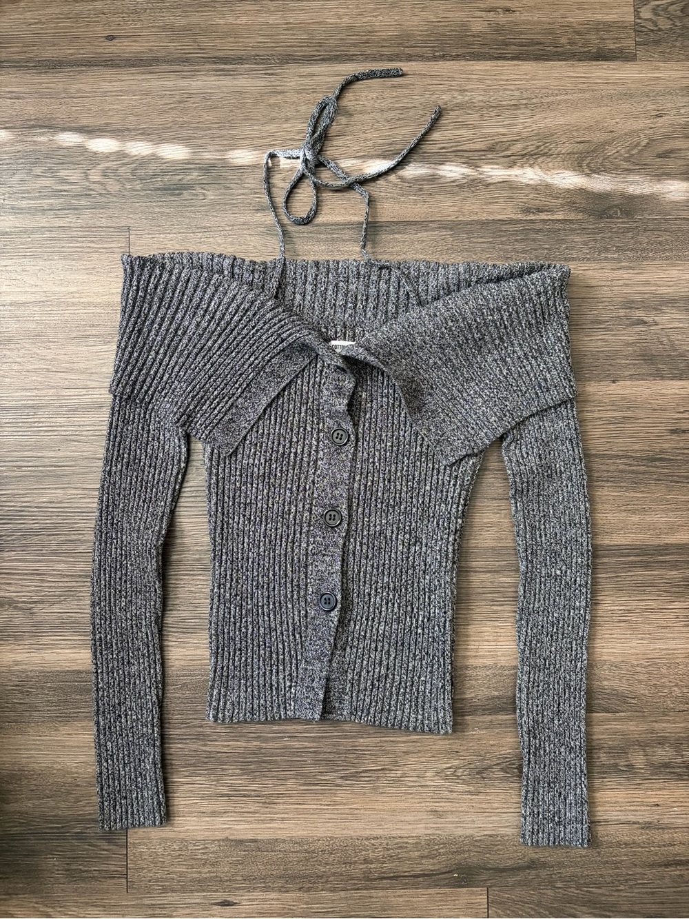 Cotton On Gray Off-the-Shoulder Ribbed Button Cardigan
